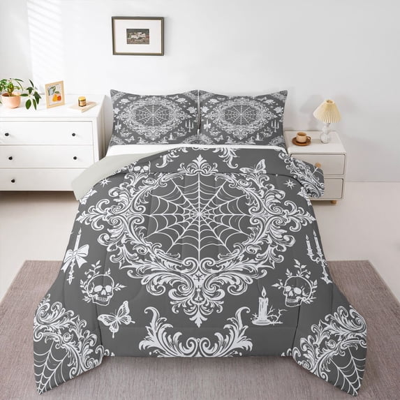 Homewish Halloween Skull Skeleton Queen Comforter Set,Spider Web Goth Damask Comforter Sets Queen,Gray White,Light Gray Reversible,3-Piece,1 Comforter and 2 Pillowcases
