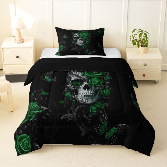 Homewish Halloween Skull Skeleton Twin Comforter Sets,Grunge Rose Floral Butterfly Bedding Set,Black Reversible,2 Pieces,1 Comforter and 1 Pillowcase