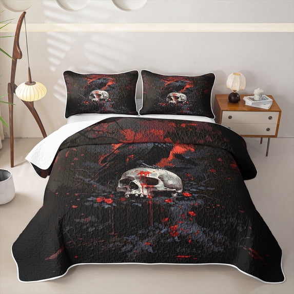 Homewish Halloween Skull Skeleton Twin Quilt Set,Black Raven Twin Coverlet Set,2pcs