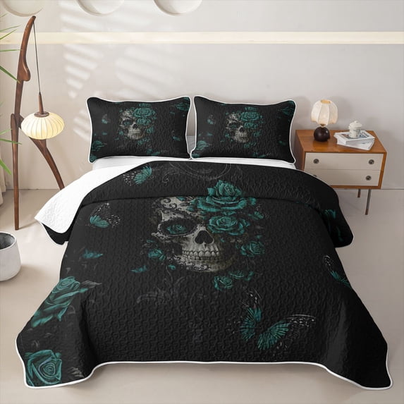 Homewish Halloween Skull Skeleton Twin Quilt Set,Goth Romantic Rose Twin Coverlet Set,Teal,2-Piece