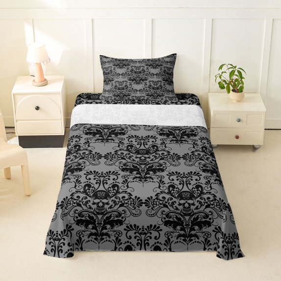 Homewish Halloween Skull Skeleton Twin Sheets,Bohemian Damask Bedding,Black Gray,3 Pieces,1 Fitted Sheet and 1 Pillowcase