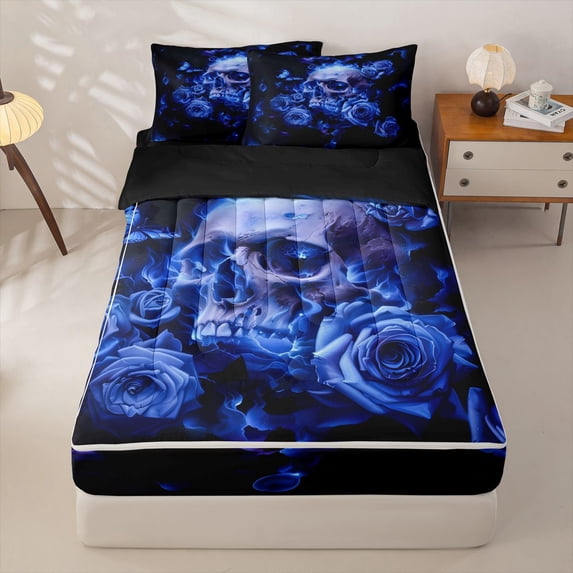 Homewish Halloween Skull Skeleton Zipper Twin Comforter Sets with Fitted Sheet and 2 Pillowcases,Goth Romantic Rose Zipper Bedding Set,Navy,Black Reversible,4pcs