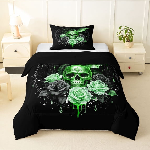 Homewish Halloween Skull Twin Comforter Sets,Rose Floral Bedding Set,Magical Dragon Decor,Black Reversible,2-Piece,1 Comforter and 1 Pillowcase