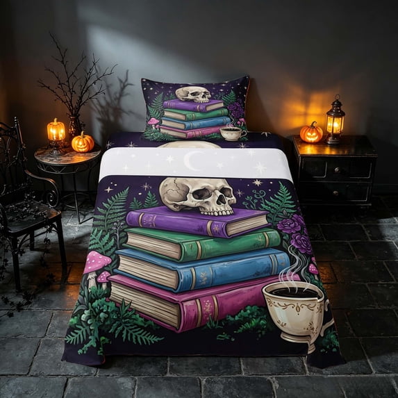 Homewish Halloween Skull Twin Sheets, Magical Book Print Bedding, Dark Purple Green Blue, 3pcs (1 Flat Sheet, 1 Fitted Sheet and 1 Pillowcase)