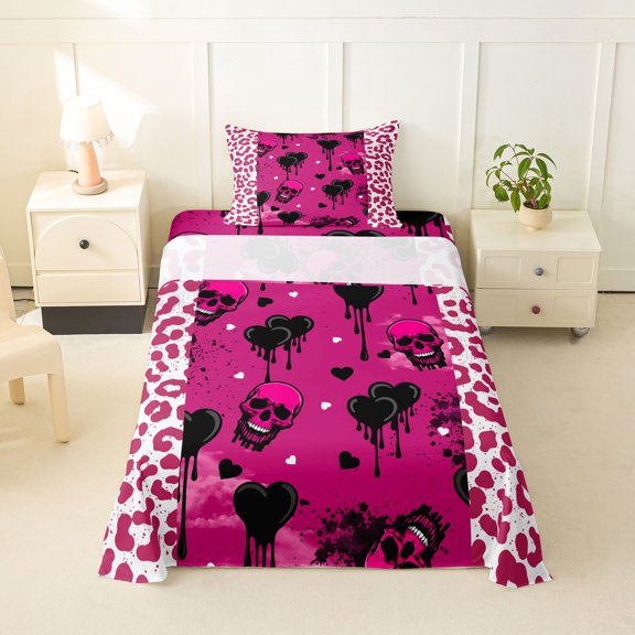 Homewish Halloween Skull Twin Sheets,Pink Leopard Print Bedding,3pcs,1 Fitted Sheet and 1 Pillowcase