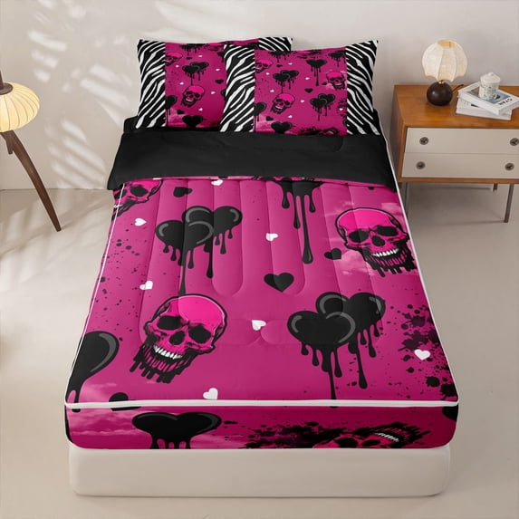 Homewish Halloween Skull Zipper Full Size Comforter Sets with Fitted Sheet and 2 Pillowcases,Zebra Printed Stripes Zipper Bedding Set,Black Pink,Black Reversible,4pcs