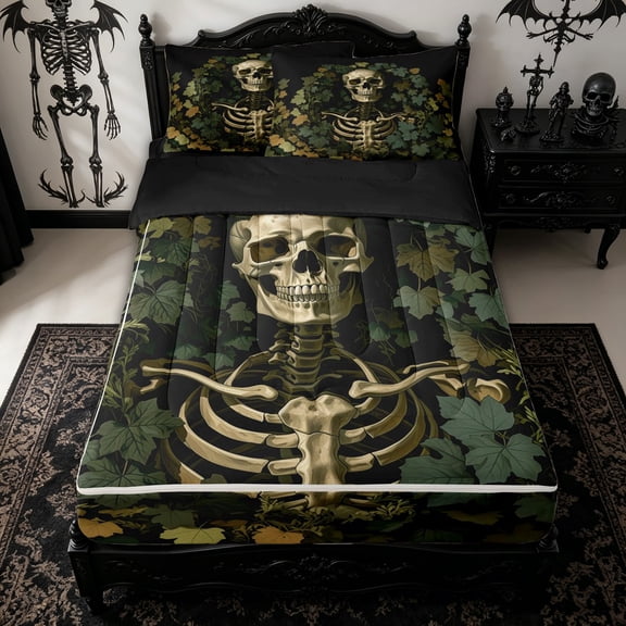 Homewish Halloween Skull Zipper Queen Comforter Set with Fitted Sheet and 2 Pillowcases for Kids, Autumn Grape Leaf Botanical Gothic Zipper Bedding Set, Black Reversible, 4pcs