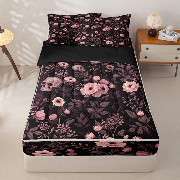 Homewish Halloween Skull Zipper Twin Comforter Sets with Fitted Sheet and 2 Pillowcases,Grunge Romantic Flowers Zipper Bedding Set,Pink,Black Reversible,4pcs
