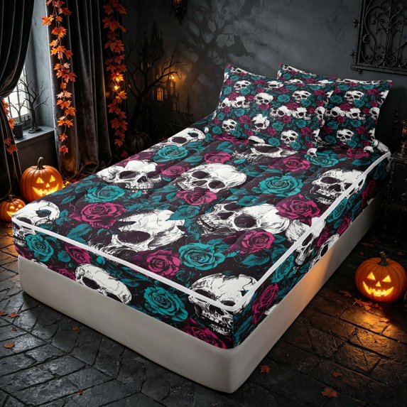 Homewish Halloween Skull Zipper Twin Comforter Sets with Fitted Sheet and 2 Pillowcases, Vintage Rose Zipper Bedding Set, White Magenta Teal, Black Reversible