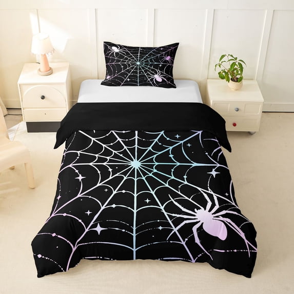 Homewish Halloween Spider Web Twin Duvet Cover for Kids, Gradient Spooky Animals Twin Bedding, Black Reversible, 2pcs, 1 Duvet Cover and 1 Pillowcase