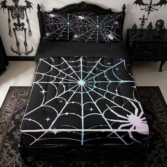 Homewish Halloween Spider Web Zipper Queen Comforter Set with Fitted Sheet and 2 Pillowcases for Kids, Gradient Spooky Animals Zipper Bedding Set, Black Reversible, 4pcs