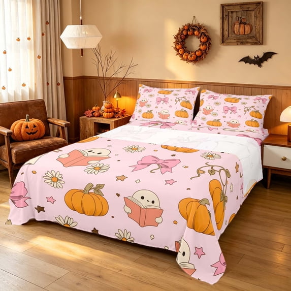 Homewish Halloween Spooky Animal Bed Sheets for Girls, Bow Pumpkin Star Full Size Sheets, Pink, 4pcs (1 Flat Sheet, 1 Fitted Sheet and 2 Pillowcases)