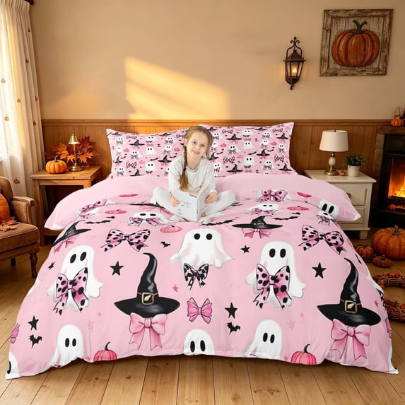 Homewish Halloween Spooky Animal Ghost Bedding for Girls, Coquette Leopard Bow Duvet Cover Full, Light Pink Black, Pink Reversible 3 Pieces, 1 Duvet Cover and 2 Pillowcases