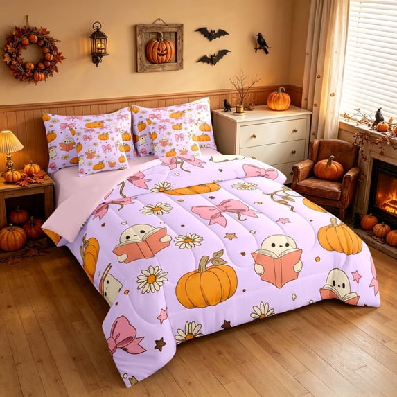 Homewish Halloween Spooky Animal Queen Bedding, Bow Pumpkin Star Bedding Comforter Set Queen, Lavender, Pink Reversible 7-Piece