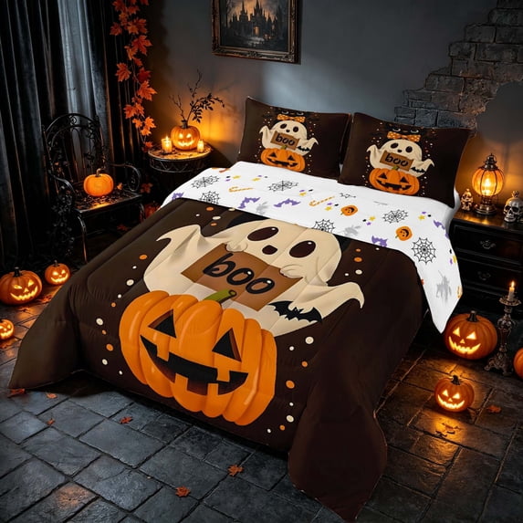 Homewish Halloween Spooky Animal Queen Comforter Set, Pumpkin Lantern Black Cat Comforter Sets Queen, Coffee Brown Orange, Pumpkin Bat Reversible, 3pcs 1 Comforter and 2 Pillowcases