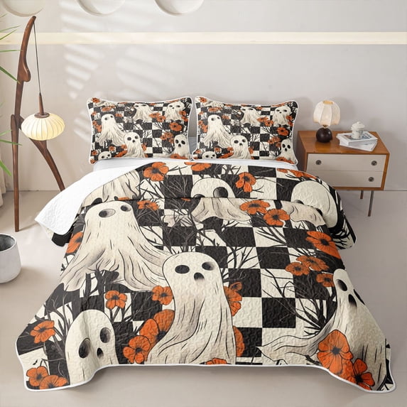 Homewish Halloween Spooky Animal Quilt Full, Checkered Flower Full Bedspread Sets, Black White Orange, 3 Pieces 1 Bedspread and 2 Pillowcases