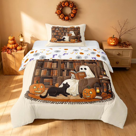 Homewish Halloween Spooky Animal Twin Comforter Sets, Pumpkin Lantern Ghost Bedding Set, Beige Brown Orange, Pumpkin Bat Reversible, 2 Pieces 1 Comforter and 1 Pillowcase