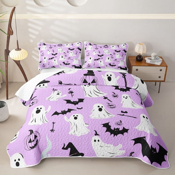 Homewish Halloween Spooky Animal Twin Quilt Set, Pumpkin Lantern Bat Twin Coverlet Set, Lavender Black White, 2-Piece 1 Bedspread and 1 Pillowcase