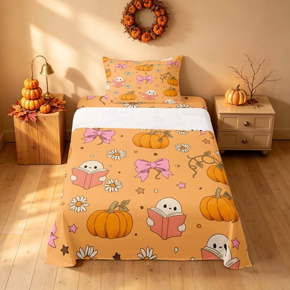 Homewish Halloween Spooky Animal Twin Sheets, Bow Pumpkin Star Bedding, Orange, 3-Piece (1 Flat Sheet, 1 Fitted Sheet and 1 Pillowcase)