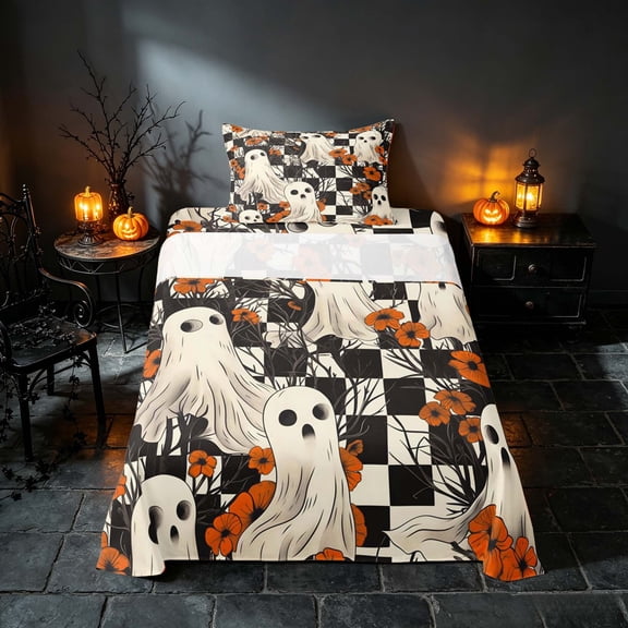 Homewish Halloween Spooky Animal Twin Sheets, Checkered Flower Bedding, Black White Orange, 3pcs (1 Flat Sheet, 1 Fitted Sheet and 1 Pillowcase)