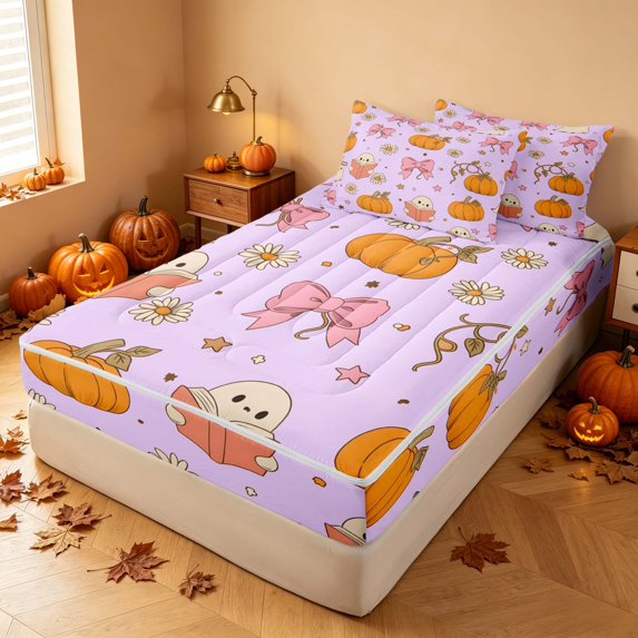 Homewish Halloween Spooky Animal Zipper Full Size Comforter Sets with Fitted Sheet and 2 Pillowcases, Bow Pumpkin Star Zipper Bedding Set, Lavender, Pink Reversible