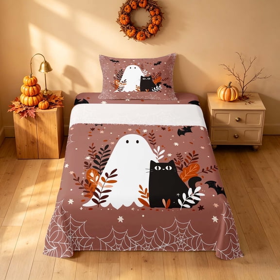 Homewish Halloween Spooky Ghost Twin Sheets, Kawaii Black Cat Bedding, Dusty Brown, 3pcs (1 Flat Sheet, 1 Fitted Sheet and 1 Pillowcase)