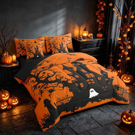 Homewish Halloween Spooky Haunted House Full Size Bedding Sets, Owl Bat Tombstone Full Size Bed in a Bag, Orange Black, Black Reversible 7-Piece