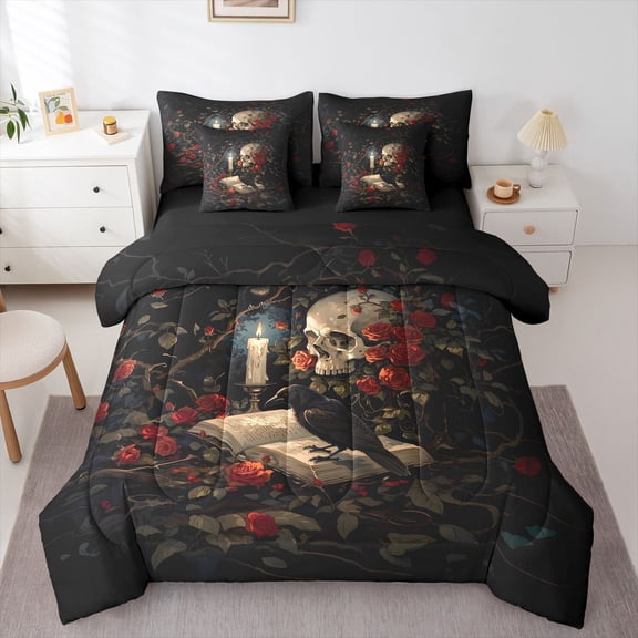 Homewish Halloween Sugar Skull 7-Piece Twin Bedding,Red Rose Bedding Comforter Set,Gothic Aesthetic Bed Set,Black Reversible