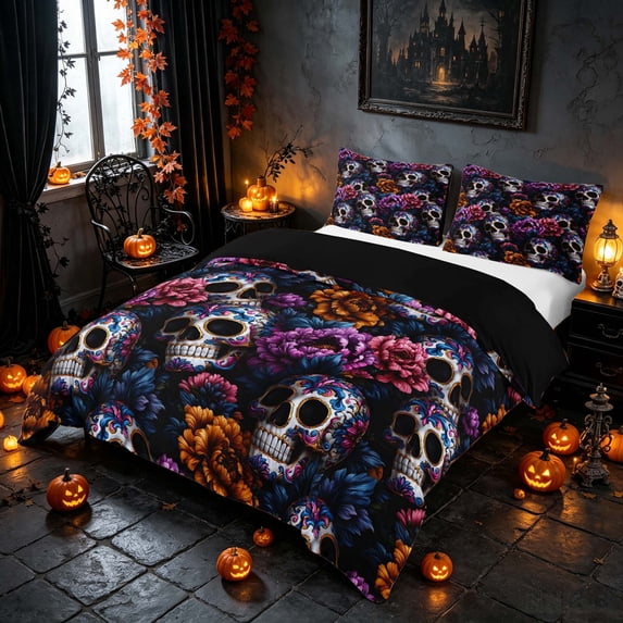 Homewish Halloween Sugar Skull Bedding, Gothic Peony Bloom Duvet Cover Full, Multicolor Dark Blue, Black Reversible 3 Pieces, 1 Duvet Cover and 2 Pillowcases