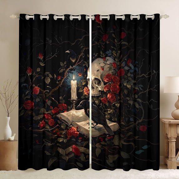 Homewish Halloween Sugar Skull Kitchen Curtains,Red Rose Black Out Curtains Pack of 2 (42x63 Each),Gothic Aesthetic Living Room Curtains