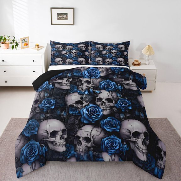 Homewish Halloween Sugar Skull Queen Comforter Set,Vintage Rose Flower Comforter Sets Queen,Blue Gray,Black Reversible,3pcs,1 Comforter and 2 Pillowcases