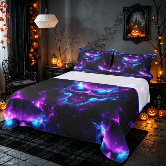 Homewish Halloween Sugar Skull Queen Sheets, Gradient Flame Print Queen Sheet Sets, Dark Purple Bright Blue, 4pcs (1 Flat Sheet, 1 Fitted Sheet and 2 Pillowcases)