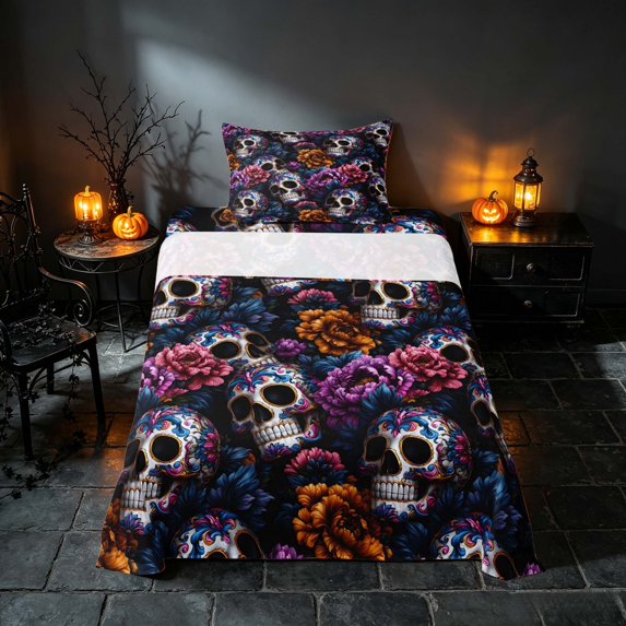 Homewish Halloween Sugar Skull Twin Sheets, Gothic Peony Bloom Bedding, Multicolor Dark Blue, 3 Pieces (1 Flat Sheet, 1 Fitted Sheet and 1 Pillowcase)
