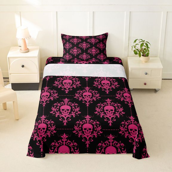 Homewish Halloween Sugar Skull Twin Sheets,Hot Pink Damask Bedding,3 Pieces,1 Fitted Sheet and 1 Pillowcase