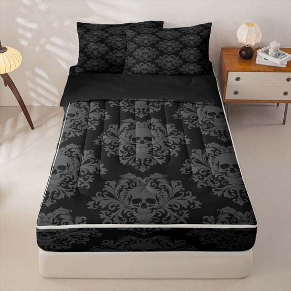 Homewish Halloween Sugar Skull Zipper Full Size Comforter Sets with Fitted Sheet and 2 Pillowcases,Bohemian Damask Zipper Bedding Set,Black Gray,Black Reversible,4pcs