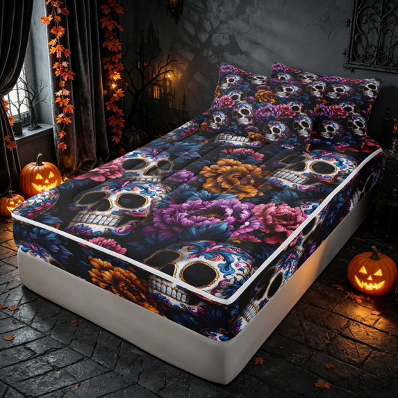 Homewish Halloween Sugar Skull Zipper Twin Comforter Sets with Fitted Sheet and 2 Pillowcases, Gothic Peony Bloom Zipper Bedding Set, Multicolor Dark Blue, Black Reversible