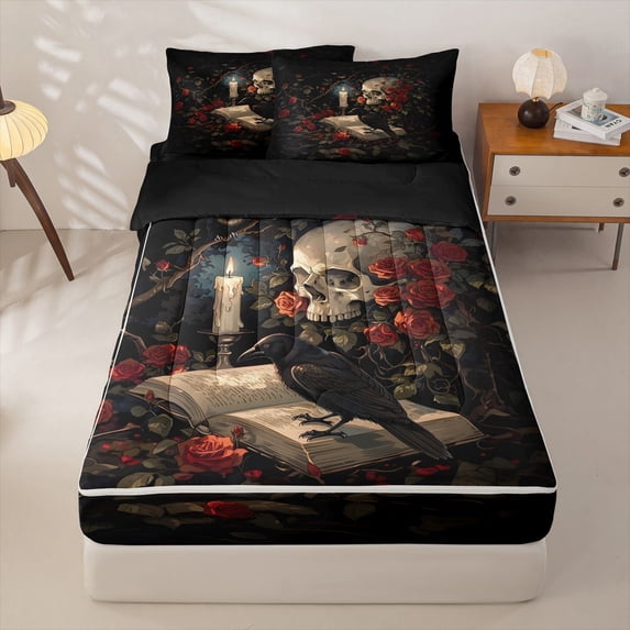Homewish Halloween Sugar Skull Zipper Twin Comforter Sets with Fitted Sheet and 2 Pillowcases,Red Rose Zipper Bedding Set,Gothic Aesthetic Bed Set,Black Reversible,4pcs