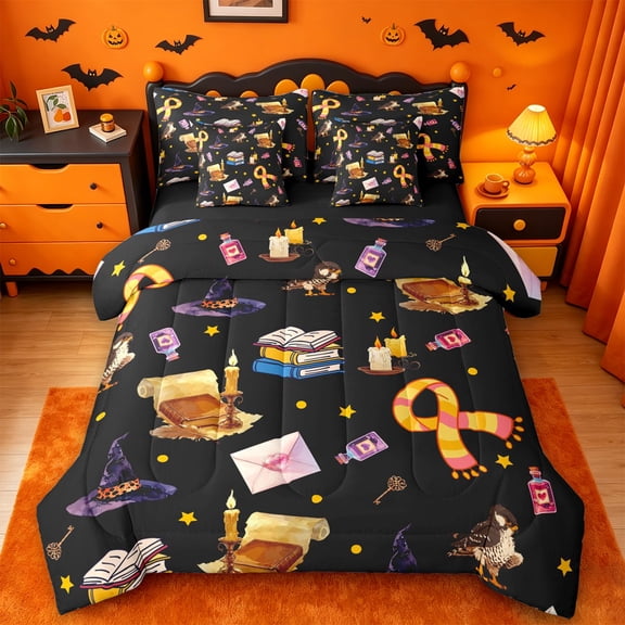 Homewish Halloween Theme 7-Piece Twin Bedding,Spell Book Owl Potion Scarf Pattern Bedding Comforter Set,Black Reversible