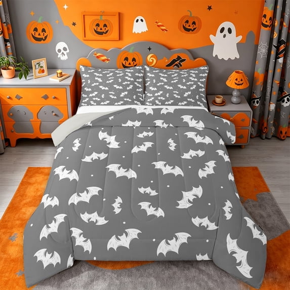 Homewish Halloween Theme Bat Full Size Comforter Sets,White Silhouette Dot Pattern Bedding Comforter Set,Gray,Light Gray Reversible,3-Piece,1 Comforter and 2 Pillowcases