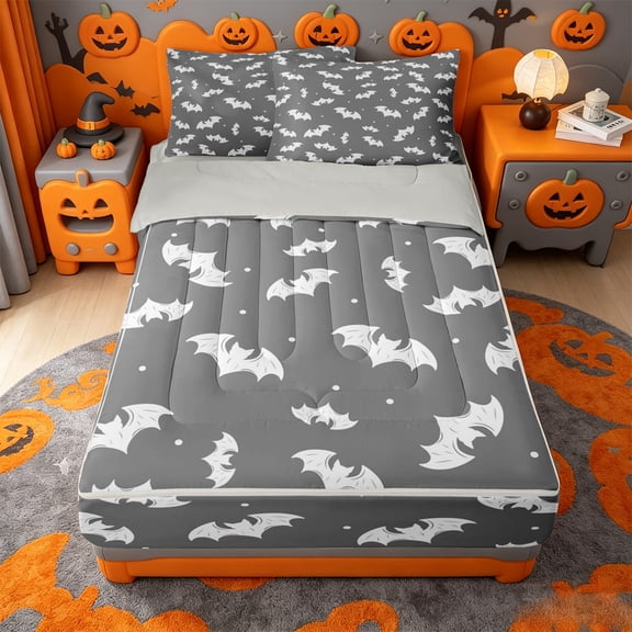Homewish Halloween Theme Bat Zipper Twin Comforter Sets with Fitted Sheet and 2 Pillowcases,White Silhouette Dot Pattern Zipper Bedding Set,Gray,Light Gray Reversible,4pcs