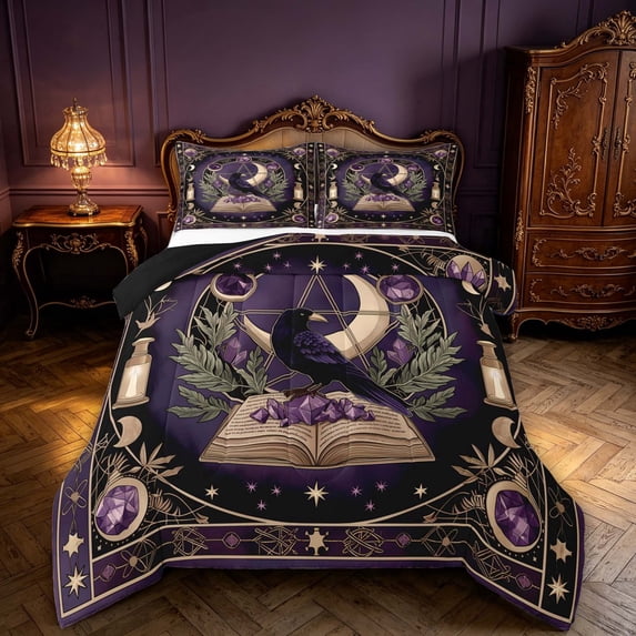 Homewish Halloween Theme Full Size Comforter Sets, Crow Magic Book Bedding Comforter Set, Black Reversible 3 Pieces, 1 Comforter and 2 Pillowcases