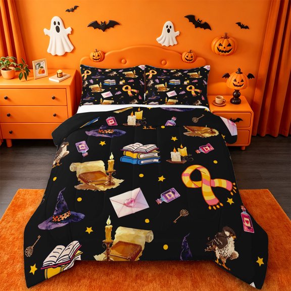 Homewish Halloween Theme Queen Comforter Set,Spell Book Owl Potion Scarf Pattern Comforter Sets Queen,Black Reversible,3-Piece,1 Comforter and 2 Pillowcases