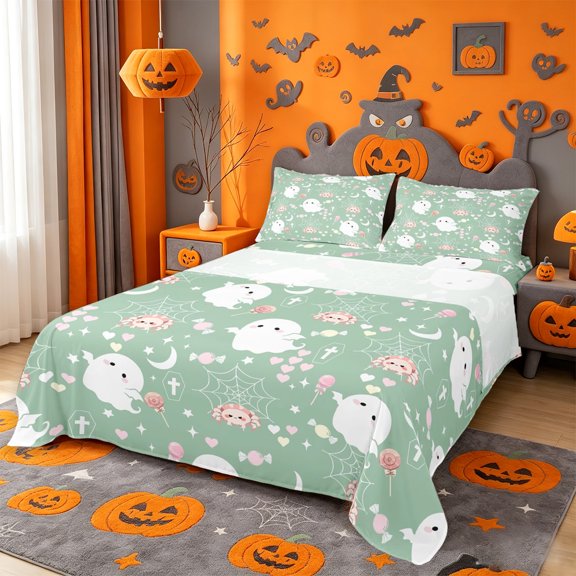 Homewish Halloween Theme Queen Sheets,Cute Cartoon Ghost Queen Sheet Sets,4pcs,1 Flat Sheet,1 Fitted Sheet and 2 Pillowcases