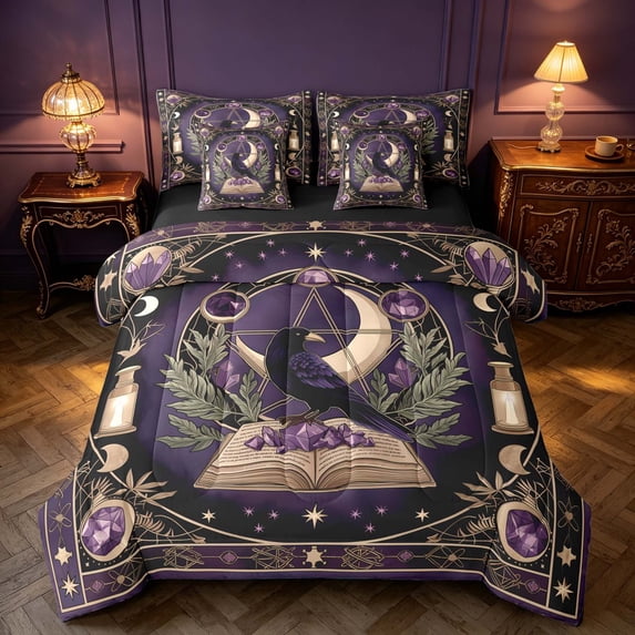 Homewish Halloween Theme Twin Bedding, Crow Magic Book Bedding Comforter Set, Black Reversible 7pcs