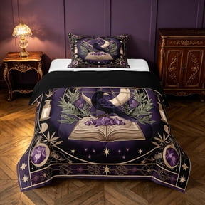 Homewish Halloween Theme Twin Comforter Sets, Crow Magic Book Bedding Set, Black Reversible 2 Piece, 1 Comforter and 1 Pillowcase
