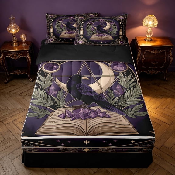 Homewish Halloween Theme Zipper Twin Comforter Sets with Fitted Sheet and 2 Pillowcases, Crow Magic Book Zipper Bedding Set, Black Reversible