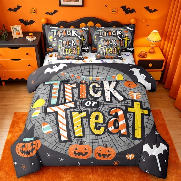 Homewish Halloween Trick Or Treat 7-Piece Twin Bedding,Spider Web Pumpkin Lantern Pattern Bedding Comforter Set,Halloween Reversible