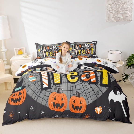 Homewish Halloween Trick Or Treat Twin Duvet Cover,Spider Web Pumpkin Lantern Pattern Twin Bedding,Halloween Reversible,2 Pieces,1 Duvet Cover and 1 Pillowcase
