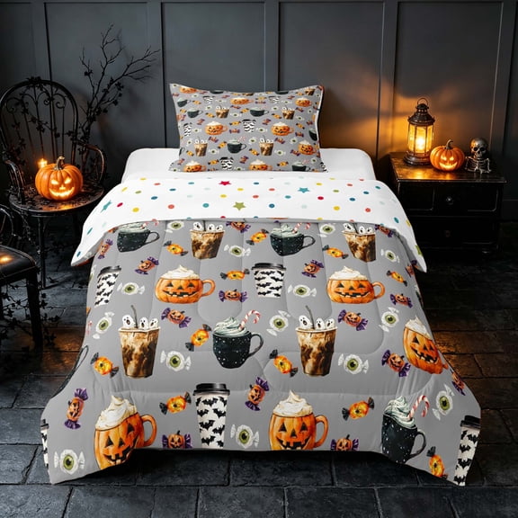Homewish Halloween Twin Comforter Sets, Candy Pumpkin Bedding Set, Gray, Polka Dots Reversible, 2 Pieces 1 Comforter and 1 Pillowcase