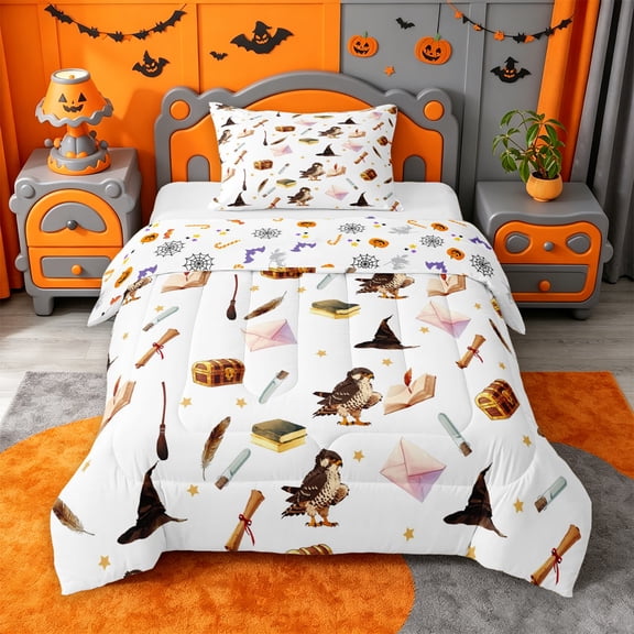 Homewish Halloween Twin Comforter Sets,Owl Magic Book Pattern Bedding Set,Halloween Reversible,2 Pieces,1 Comforter and 1 Pillowcase